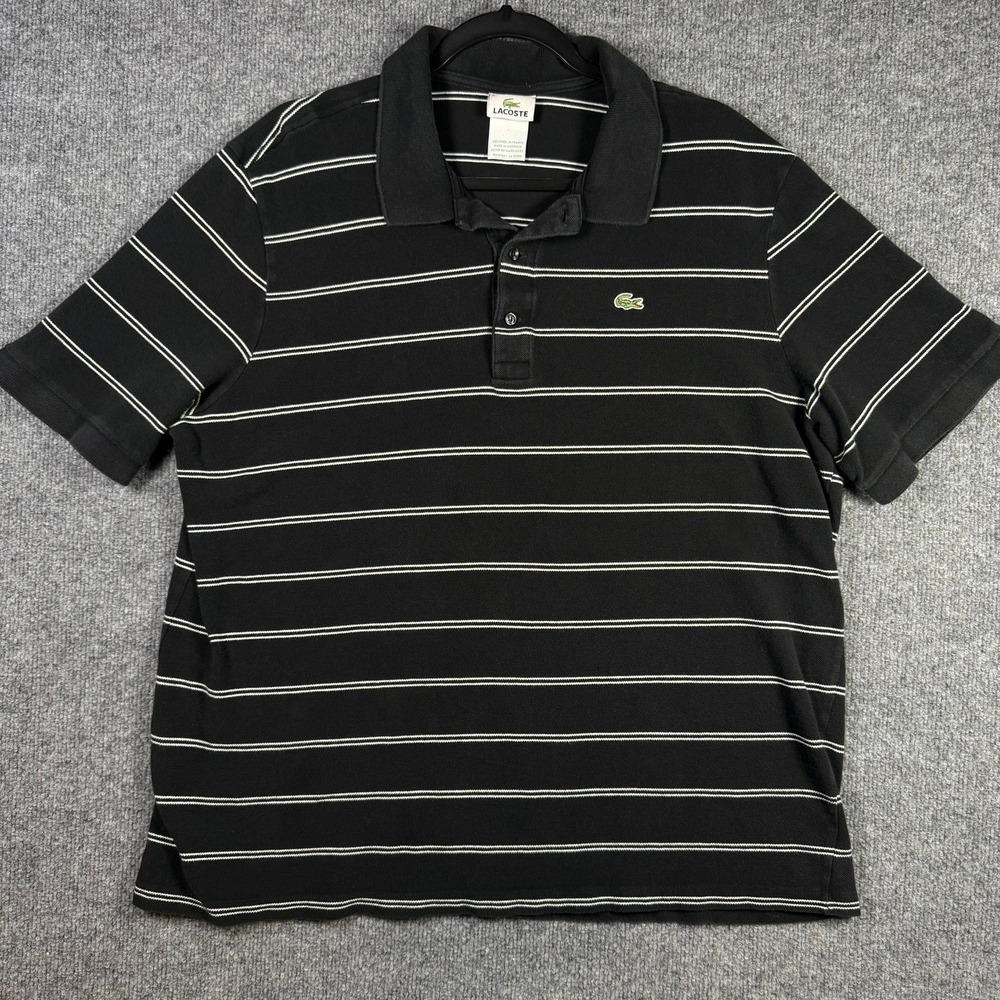 Lacoste Polo Shirt Mens 8 Black White Striped Short Sleeve Cotton Pique Logo